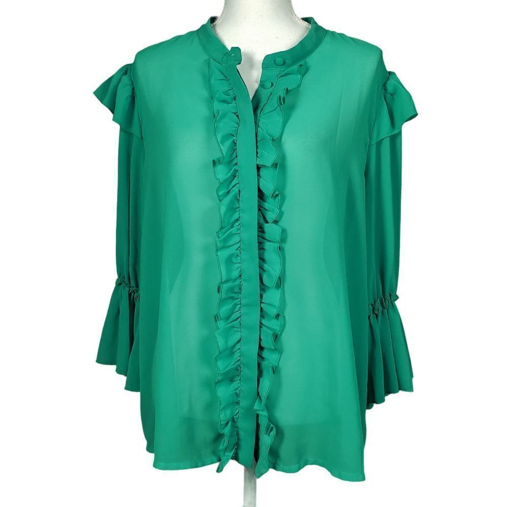 V Cristina Tunic Size XL Green Lagenlook Flowy Long Ruffle Sheer Feminine Work